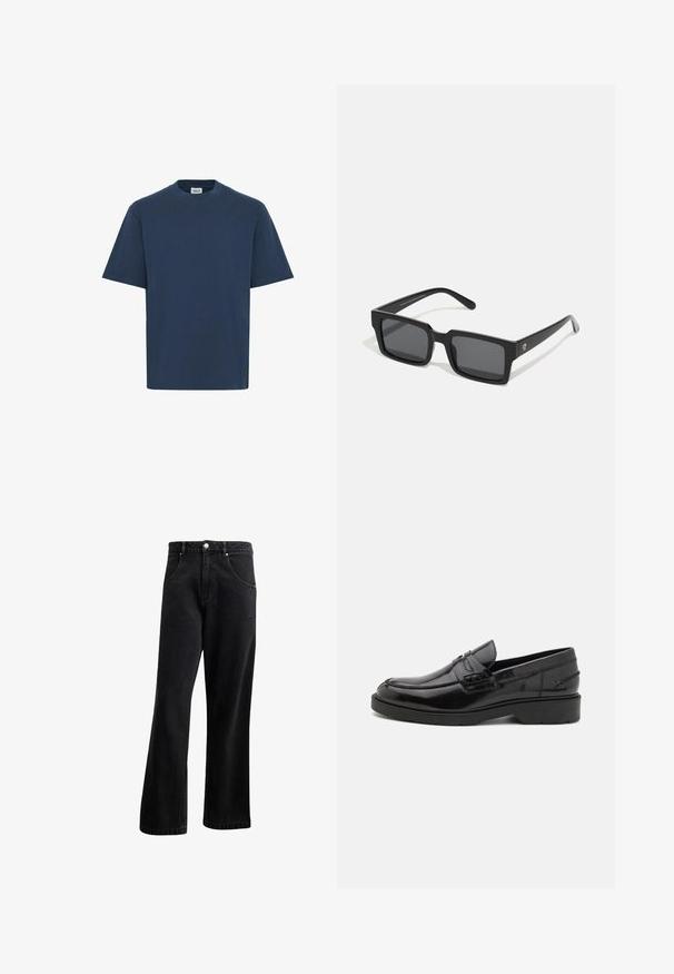Bez rękawów sweter dzianinowy w ciemnoszarym kolorze, z okrągłym dekoltem i miękką fakturą. Prosty design bez widocznych wzorów lub akcentów.; Granatowa bawełniana koszulka z okrągłym dekoltem, krótkimi rękawami i prostym dołem. Posiada małą metkę marki na dolnej lewej stronie.; Czarne dżinsy o prostym kroju nogawki, z przednimi kieszeniami, zapięciem na guzik i lekko chropowatą fakturą. Zawierają subtelny detal z logo.; Czarne skórzane mokasyny o gładkim wykończeniu, zaokrąglonym nosku, niskim obcasie oraz dekoracyjnym przeszyciu z przodu. Gumowa podeszwa zapewniająca przyczepność.; Czarne prostokątne okulary przeciwsłoneczne z ciemnymi soczewkami; wykonane z plastiku, o gładkim wykończeniu, grubych oprawkach i subtelnym oznakowaniu z boku.