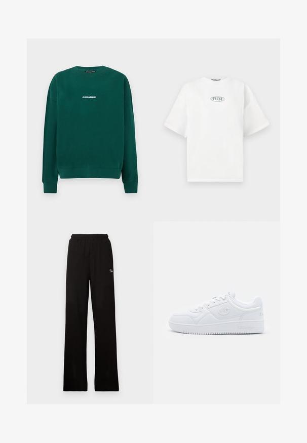 Sweatshirt verde em algodão, com decote arredondado, punhos canelados e um logo branco "PEGADOR" na frente.; T-shirt branco de manga curta feito de algodão, apresentando um logótipo gráfico em verde dentro de uma forma oval no centro do peito.; Calças largas de malha preta, com uma cintura elástica e um pequeno logótipo decorativo, apresentando uma textura suave e um design de comprimento total.; Sapatilha branca feita de material sintético liso, com bico arredondado, sola plana e discretos detalhes do logótipo nas laterais. Design clássico de cano baixo.