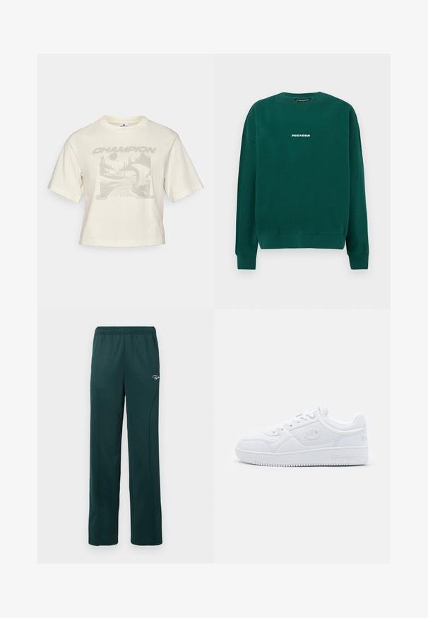 Vihreä puuvillapaita, jossa on pyöreä kaula-aukko, ribatut hihansuut ja valkoinen "PEGADOR"-logo rinnassa.; Lyhyt vaaleankerman värinen t-paita, joka on valmistettu puuvillasta. Siinä on harmaa graafinen painatus abstrakteista maisemista sekä sana "CHAMPION" vahvalla fontilla.; Tummanvihreät collegehousut, jotka on valmistettu pehmeästä kankaasta, elastisella vyötärönauhalla ja sivusaumoilla, etuosassa on pieni logo.; Valkoinen lenkkari, joka on valmistettu sileästä synteettisestä materiaalista, jossa on pyöreä kärki, litteä pohja ja hienovaraiset logo-aksentit sivuilla. Klassinen matalavartinen muotoilu.