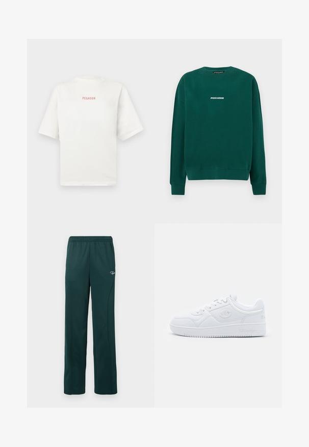 Grüner Sweatshirt aus Baumwolle, mit rundem Hals, gerippten Bündchen und einem weißen "PEGADOR"-Logo auf der Brust.; Weißes Baumwoll-T-Shirt mit Rundhalsausschnitt und kurzen Ärmeln. Auf der Vorderseite befindet sich ein kleines rotes „PEGADOR“-Logo. Weicher Stoff, lockere Passform.; Dunkelgrüne Sweatpants aus weichem Stoff, mit einem elastischen Bund und Seitennähten, versehen mit einem kleinen Logo auf der Vorderseite.; Weiße Sneaker aus glattem Synthetikmaterial, mit runder Zehenpartie, flacher Sohle und dezenten Logoakzenten an den Seiten. Klassisches Low-Top-Design.
