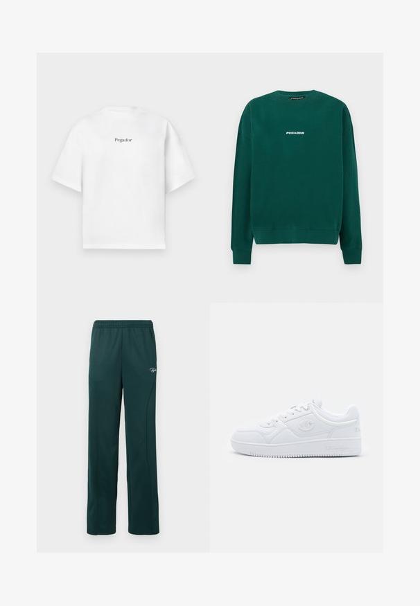 Žalias medvilninis džemperis, turintis apvalų iškirpimą, raštuotas rankogalius ir baltą "PEGADOR" logotipą per krūtinę.; Balta trumpa rankovė t-shirt marškiniai, pagaminti iš medvilnės, su apvalia apykakle ir centriniu juodu užrašu "Pegador" priekyje.; Tamsiai žaliai sportinė kelnės, pagamintos iš švelnaus audinio, su elastingu juosmeniu ir šoninėmis siūlėmis, priekyje uždėtas mažas logotipas.; Baltos sportbačiai, pagaminti iš sklandžios sintetinės medžiagos, su apvaliu pirštu, plokščiu padu ir subtiliais logotipo akcentais šonuose. Klasikinis žemas dizainas.