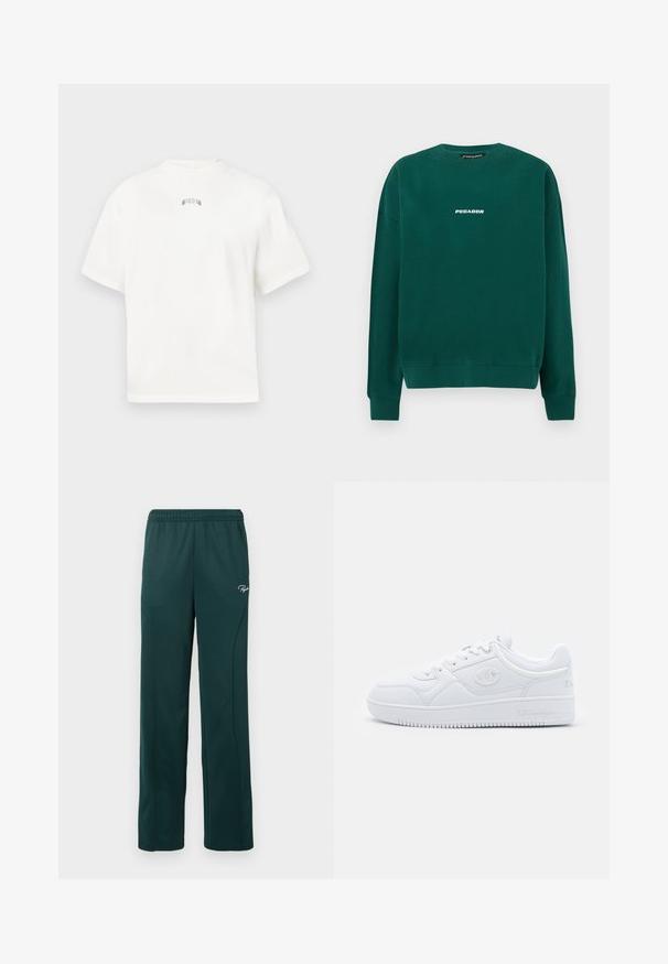 Žalias medvilninis džemperis, turintis apvalų iškirpimą, raštuotas rankogalius ir baltą "PEGADOR" logotipą per krūtinę.; Balta trumpa rankovėmis marškinėliai su apykakle, su subtiliais žaliais siuviniais ant nugaros. Minkšta medvilnės medžiaga, laisvas kirpimas.; Tamsiai žaliai sportinė kelnės, pagamintos iš švelnaus audinio, su elastingu juosmeniu ir šoninėmis siūlėmis, priekyje uždėtas mažas logotipas.; Baltos sportbačiai, pagaminti iš sklandžios sintetinės medžiagos, su apvaliu pirštu, plokščiu padu ir subtiliais logotipo akcentais šonuose. Klasikinis žemas dizainas.