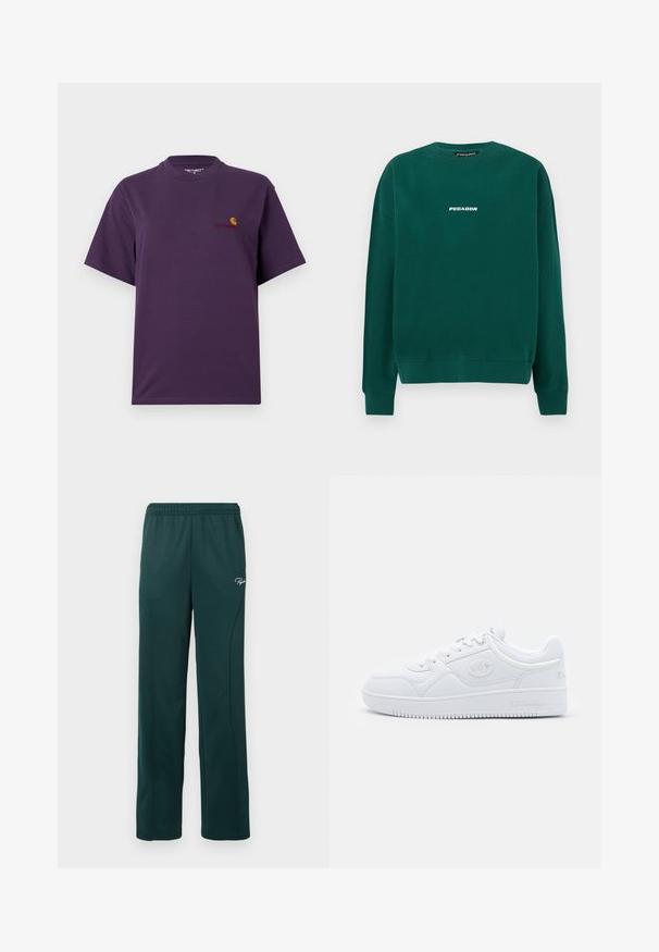 Vihreä puuvillapaita, jossa on pyöreä kaula-aukko, ribatut hihansuut ja valkoinen "PEGADOR"-logo rinnassa.; Violetti puuvillainen T-paita, jossa on pyöreä pääntie ja lyhyet hihat. Vasemmassa rinnassa on pieni logo oranssina ja punaisena.; Tummanvihreät collegehousut, jotka on valmistettu pehmeästä kankaasta, elastisella vyötärönauhalla ja sivusaumoilla, etuosassa on pieni logo.; Valkoinen lenkkari, joka on valmistettu sileästä synteettisestä materiaalista, jossa on pyöreä kärki, litteä pohja ja hienovaraiset logo-aksentit sivuilla. Klassinen matalavartinen muotoilu.