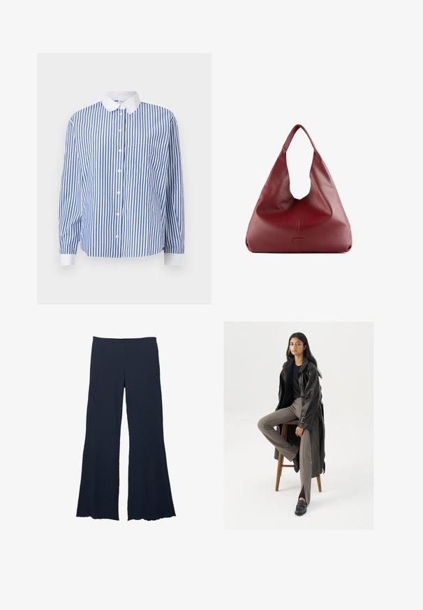 Flerfarvet stribet sweater med grønne, marineblå, hvide, lyseblå og røde nuancer. Bred ribbet rød krave og blød tekstur. Croppet design.; Blå og hvid stribet skjorte med knapper, hvid krave, lange ærmer, lomme på venstre side og en afslappet pasform.; Marineblå vidbukser i tekstureret stof med høj talje og flagrende kant, der har en glat og flydende silhuet.; Sort læder trench coat med knapper og bælte detalje, parret med lysebrune tætsiddende bukser og sorte loafers, siddende på en træstol.; Rød læder hobo-taske med et bredt, slouchy design og en stor åbning, der har en subtil tekstur og et præg af logoet på forsiden.