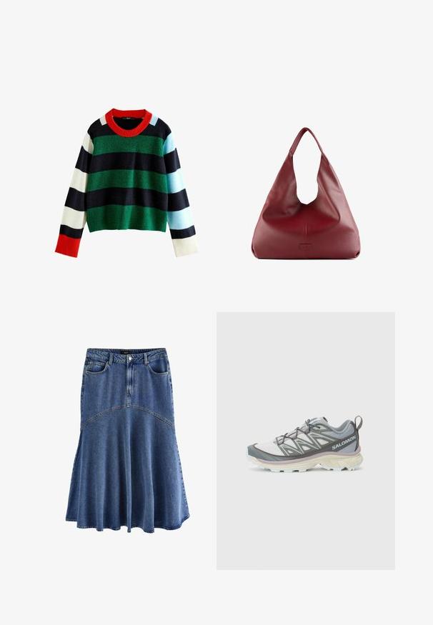 Mehrfarbiger gestreifter Pullover mit Grün-, Marineblau-, Weiß-, Hellblau- und Rotnuancen. Breiter gerippter roter Kragen und weicher Stoff. Kurz geschnittenes Design.; Denimrock in Mittelblau, A-Linie Form, mit hoher Taille, fünf Taschen und einem ausgestellten Saum. Texturiert mit sichtbaren Nähten.; Leichter, multifunktionaler Laufschuh mit einem grauen und weißen Obermaterial, strukturiertem Mesh, gepolsterter Sohle und auffälliger Schnürung.; Rote Leder-Hobo-Tasche mit einem breiten, lässigen Design und einer großen Öffnung, die eine dezente Textur und ein auf der Vorderseite prägtes Logo aufweist.