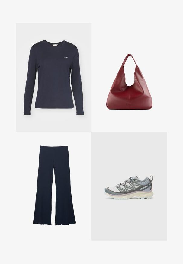 Mehrfarbiger gestreifter Pullover mit Grün-, Marineblau-, Weiß-, Hellblau- und Rotnuancen. Breiter gerippter roter Kragen und weicher Stoff. Kurz geschnittenes Design.; Dunkelblaue Langarm-T-Shirt aus Baumwolle, mit Rundhalsausschnitt und kleinem Logo auf der linken Brust. Glatte Textur.; Marineblauwe, weite Hose aus strukturiertem Stoff mit hoher Taille und ausgestelltem Saum, die eine glatte, fließende Silhouette bieten.; Leichter, multifunktionaler Laufschuh mit einem grauen und weißen Obermaterial, strukturiertem Mesh, gepolsterter Sohle und auffälliger Schnürung.; Rote Leder-Hobo-Tasche mit einem breiten, lässigen Design und einer großen Öffnung, die eine dezente Textur und ein auf der Vorderseite prägtes Logo aufweist.