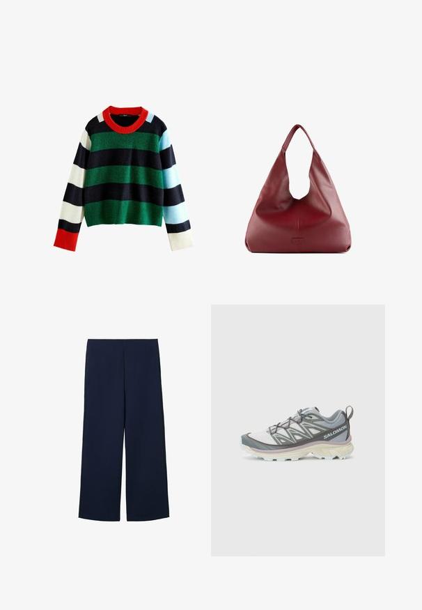 Mitmevärviline triibuline kampsun, mis sisaldab rohelisi, tumesiniseid, valgeid, helesiniseid ja punaseid toone. Lai soonikpunane krae ja pehme tekstuur. Lühike disain.; Tumed laiad püksid, mis on valmistatud kergetest kangast, puhta disainiga ja sirge lõikega, küljetaskutega ning nähtamatute kinnitusteta.; Kerge, mittematerjalidest jooksujalats halli ja valge pealispinnaga, tekstureeritud võrgu, polsterdatud tallaga ja eristuva nöörimise detailiga.; Punane nahast hobo-kott, millel on lai ja lõdva disain ning suur avamine, millel on peen tekstuur ja ees embosseeritud logo.