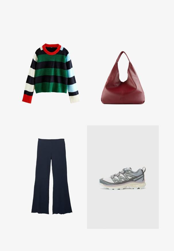 Többszínű csíkos pulóver, zöld, tengerészkék, fehér, világoskék és piros árnyalatokkal. Széles bordázott piros nyakkal és puha tapintással. Rövidített fazon.; Sötétkék, széles szárú nadrág texturált anyagból, magas derékrésszel és harangszárú végződéssel, sima, áramló sziluettel.; Könnyű, több anyagból készült futócipő szürke és fehér felsőrésszel, texturált hálós anyaggal, párnázott talppal és jellegzetes fűződíszítéssel.; Piros bőr hobo táska széles, laza kialakítással és nagy nyitással, finom textúrával és a tetején lévő logóval az elején.