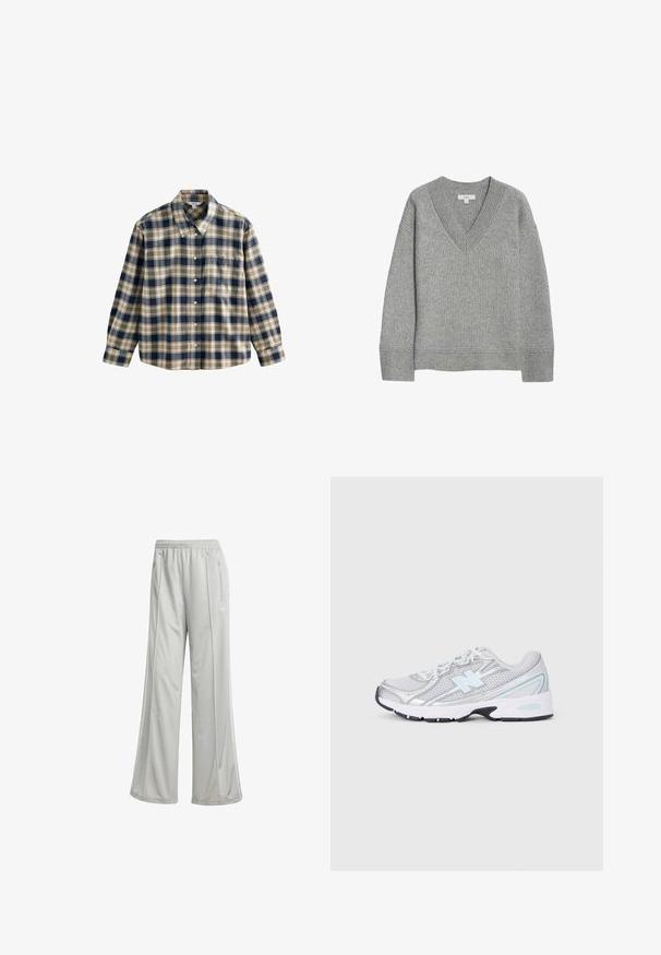 Gray ribbed sweater with a V-neck, long sleeves, and a straight hem. Made from soft material, featuring subtle texture and detailing.; Checked flannel shirt in navy, cream, and beige. Features a collar, button front, long sleeves, and a single chest pocket. Soft texture.; Light gray athletic pants with a loose fit, made from smooth, synthetic fabric. Features an elastic waistband and side zip pockets.; White and silver athletic sneaker with light blue "N" logo, mesh layers, and white laces on a light gray background.