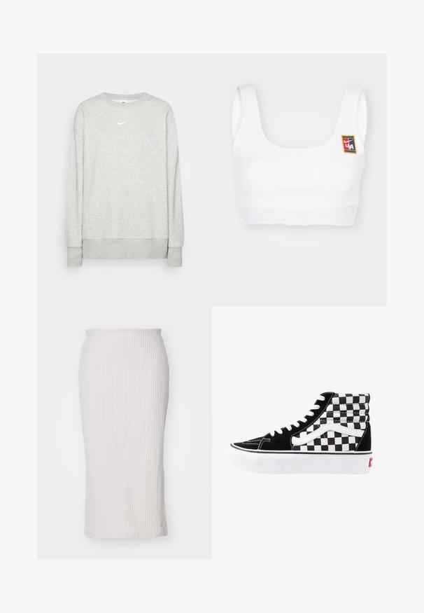 Felpa grigio chiaro a girocollo realizzata in tessuto morbido, con un piccolo logo bianco Nike sul petto e polsini e orlo a coste.; Nike Sportswear YOON - Top - white; Nike Sportswear SKIRT - Gonna a tubino - light orewood; Sneakers alte in bianco e nero con motivo a scacchi, tomaia in suede, lacci bianchi a contrasto e suola in gomma bianca con logo rosso.