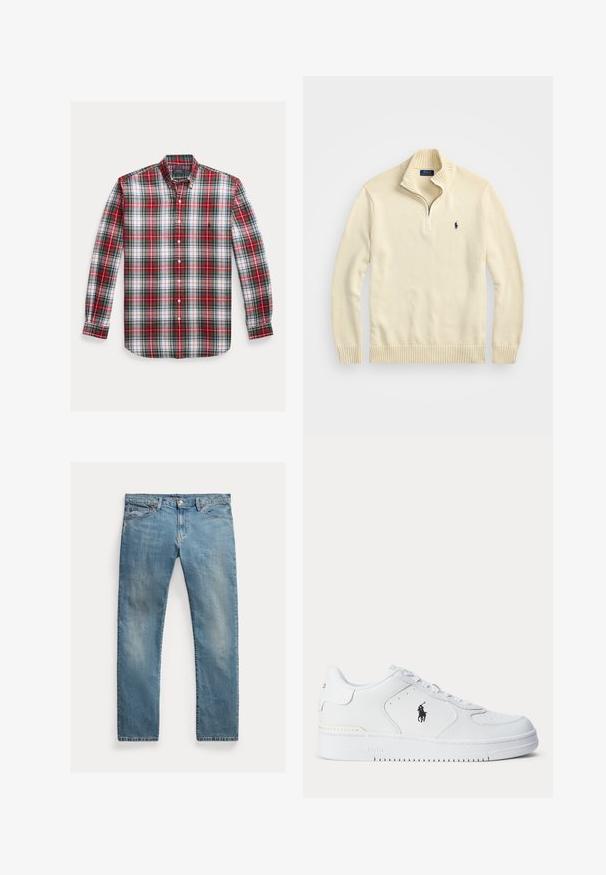 Sweater creme com fecho éclair, feito de tecido tricotado, com um colarinho e bainha canelados, e um pequeno logótipo bordado em azul escuro no peito.; Polo Ralph Lauren Big & Tall PLAID BRUSHED OXFORD SHIRT - Camisa - white/red multi; Jeans de denim azul claro com corte reto, fecho de botão, cinco bolsos, desbotamento subtil epontos de costura.; Sapatilha atlética branca com parte superior em couro texturizado, biqueira redonda, atacadores planos e um logótipo preto na lateral. Sola de borracha com padrão de tração.