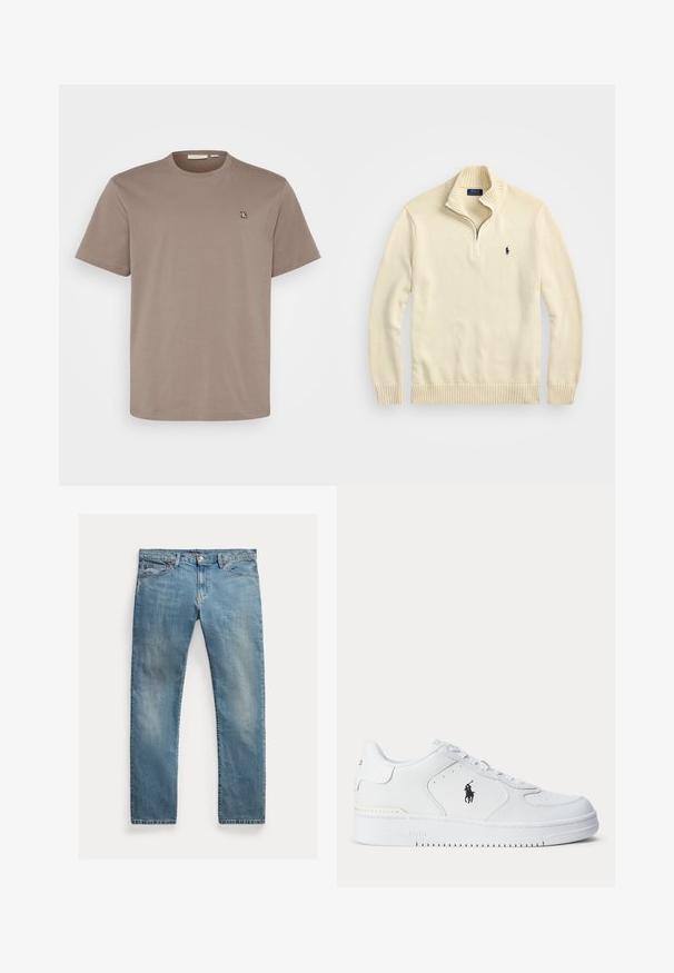 Krämfärgad zip-up tröja i stickad tyg, med ribbad krage och nederkant, samt en liten broderad logotyp i mörkblått på bröstet.; Calvin Klein Jeans Plus PLUS EMBRO BADGE TEE - T-shirt - bas - beige; Ljusblå denimjeans med rak passform, knäppning med knapp, fem fickor, subtila blekningar och sömnadsdetaljer.; Vitt sportskor med strukturerad läderöverdel, rund tå, platta snören och en svart logotyp på sidan. Gummisula med mönster för grepp.