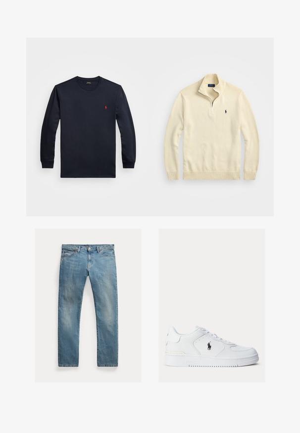 Kremfarget hettegenser med glidelås laget av strikket stoff, med ribbestrikket krage og kant, samt en liten brodert logo i mørkeblått på brystet.; Marineblå langermet T-skjorte laget av bomull, med rund hals og en liten rød logo på brystet. Silkeaktig myk tekstur, avslappet passform.; Lyseblå denimjeans med rett snitt, glidelås med knapper, fem lommer, subtil falming og stikningsdetaljer.; Hvite lær sneakers med teksturerte sider, rund tå og perforeringer. Har en svart logo, snøring og en tykk gummisåle.