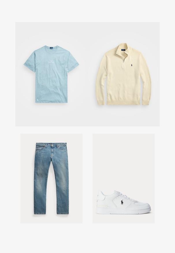 Κρεμ φούτερ με φερμουάρ, κατασκευασμένο από πλεκτό ύφασμα, με ριμπ κολάρο και στρίφωμα, και μικρό κεντημένο λογότυπο σε σκούρο μπλε στο στήθος.; Ανοιχτού μπλε βαμβακερό μπλουζάκι με κοντά μανίκια, κανονική λαιμόκοψη και κεντητό λογότυπο "Polo Ralph Lauren" στο στήθος. Μαλακή, καθημερινή σχεδίαση.; Ανοιχτό μπλε τζιν παντελόνι με ευθείες γραμμές, κούμπωμα με κουμπιά, πέντε τσέπες, διακριτική φθορά και ραφές ως διακοσμητικά στοιχεία.; Λευκά δερμάτινα αθλητικά παπούτσια με υφασμάτινες πλευρές, στρογγυλή μύτη και τρύπες. Διαθέτουν μαύρο λογότυπο, κορδόνια και παχιά καουτσούκ σόλα.