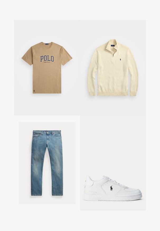 Sweater creme com fecho éclair, feito de tecido tricotado, com um colarinho e bainha canelados, e um pequeno logótipo bordado em azul escuro no peito.; T-shirt de manga curta bege com texto "POLO Ralph Lauren" em azul-marinho e branco no peito, pequeno logotipo de jogador de polo perto da bainha inferior.; Jeans de denim azul claro com corte reto, fecho de botão, cinco bolsos, desbotamento subtil epontos de costura.; Sapatilha atlética branca com parte superior em couro texturizado, biqueira redonda, atacadores planos e um logótipo preto na lateral. Sola de borracha com padrão de tração.