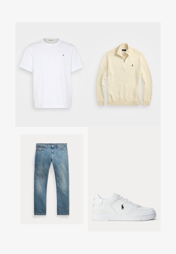 Krämfärgad zip-up tröja i stickad tyg, med ribbad krage och nederkant, samt en liten broderad logotyp i mörkblått på bröstet.; Calvin Klein Jeans Plus PLUS EMBRO BADGE TEE - T-shirt - bas - bright white; Ljusblå denimjeans med rak passform, knäppning med knapp, fem fickor, subtila blekningar och sömnadsdetaljer.; Vitt sportskor med strukturerad läderöverdel, rund tå, platta snören och en svart logotyp på sidan. Gummisula med mönster för grepp.