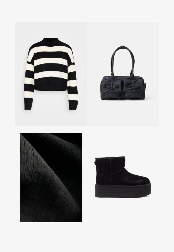 Juodai baltas horizontaliai juostuotas ilgos rankovės trumpas megztinis su giliu kailiniu apykakle ir rankogaliais, pristatytas šviesiame fone.; Textūruotas juodas audinys su subtiliu briaunotu raštu, šiek tiek atspindintis, krentantis raukšlėmis, kurios sustiprina jo gylį ir taktilinę kokybę.; Juodi zomšiniai kulkšniniai batai su storu platformos padu ir minkštu pamušalu. Baigti siuvinėjimo akcentais ir gale esančia kilpa, skirta patogiam užsidėjimui.; Juodas audinio rankinukas su dviem priekiniais kišenėmis, puošti kaspino detalėmis, su dviem rankenomis ir užtrauktuku. Minkšta tekstūra ir stačiakampio forma.