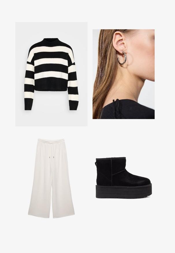 Mustat ja valkoiset vaakasuorat raidalliset pitkähihainen lyhyt villapaita, jossa on ribattu korkeakauluksinen kaulus ja hihansuut, esillä vaalealla taustalla.; Vaalean kermanväriset, leveälahkeiset housut, jotka on valmistettu pehmeästä kankaasta. Niissä on joustava vyötärö, nyöri ja sivutaskut. Sujuva tekstuuri.; Musta mokkanahka nilkkaboots paksulla platform-pohjalla ja pehmeällä vuorilla. Viimeistelty ompeluaksenteilla ja takana olevan vetolenkin avulla helppoa pukemista varten.; Hopea renkaankorvakoru kiiltävällä pinnalla, jossa on pieniä kultaisia yksityiskohtia ja pyöreä muoto, käytetty korvalla.