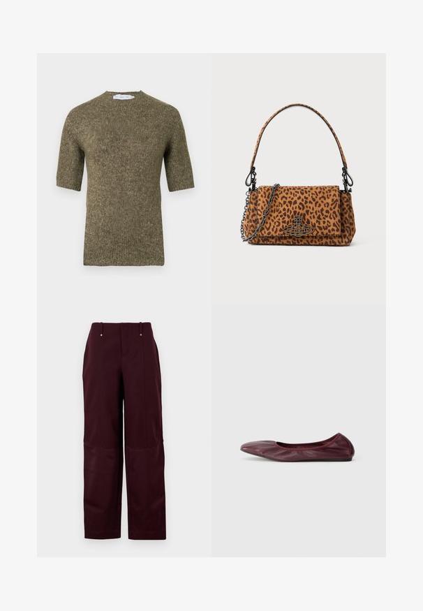 Kortærmet, olivengrøn strikket sweater med et tekstureret mønster og rundet halsudskæring, med ribbet detaljering på ærmer og kant.; Bordeaux bukser med en afslappet pasform, der har en glat tekstur, to forlommer og to dekorative knapper i taljen.; Balletflade i dyb burgundy læder, med rund tå, elastisk kant og glat tekstur med diskret plissering.; Leopardprint håndtaske lavet af suedeskind med et kort håndtag, en kædestrop og en spænde i sort metal. Firkantet form med klaplukning.