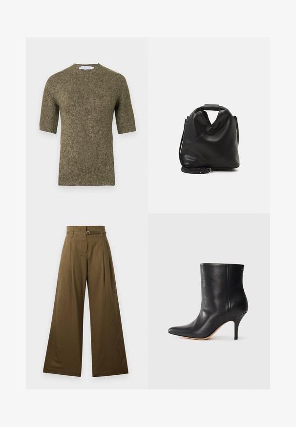 Lyhythihainen oliivinvihreä neulepusero, jossa on tekstuuri ja pyöreä pääntie sekä resorikuvioinnit hihoissa ja helmassa.; Vaatteet leveälahkeiset housut oliivinvihreä kangas, jossa on korkea vyötärö, etupleatit ja hopeinen pyöreä vyönsolkiyksityiskohta. Sileä pinta.; Musta nahkasaapas nilkkamittaisena, teräväkärkinen, kapea stiletto-korko ja sileä pinta. Minimalistinen muotoilu ilman näkyviä metalliosia tai kuvioita.; Mustan, pehmeän nahkabagin ainutlaatuinen kierretty muotoilu. Varustettu lyhyellä kahvalla ja irrotettavalla olkahihnalla. Minimalistinen tyyli.