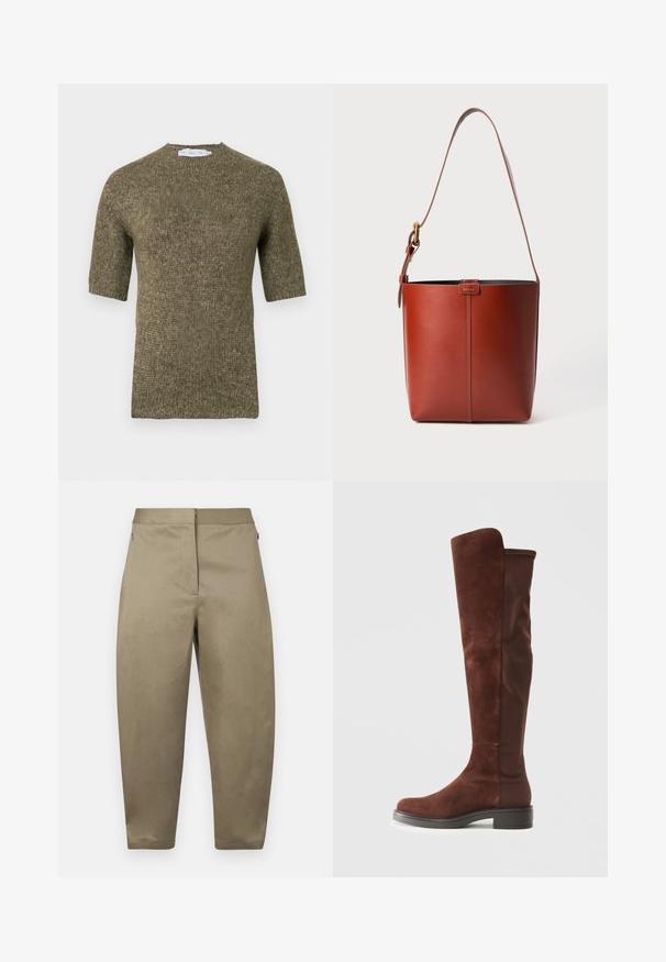 Olivegrüner Strickpullover mit kurzen Ärmeln, strukturiertem Muster und rundem Ausschnitt, mit gerippten Details an Ärmeln und Saum.; Khakifarbene, schmal zulaufende Baumwollhose mit glatter Textur, seitlichen Taschen und Reißverschluss am Bund. Einfaches Design ohne Muster.; Hohes braunes Wildleder- und Stoffboot mit niedrigem schwarzem Absatz und abgerundeter Zehenform, seitlich auf einem schlichten weißen Hintergrund abgebildet.; Braune Leder-Eimer-Tasche mit verstellbarem Schultergurt und goldfarbener Schnalle, einfache vertikale Nahtdetails auf der Vorderseite.