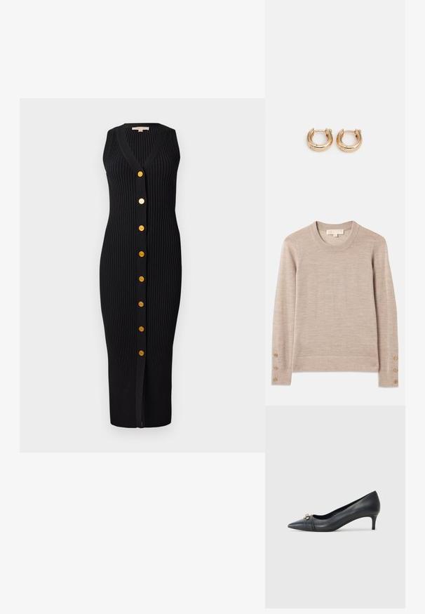 Beige crewneck sweater lavet af blødt strikket materiale, med lange ærmer og fire knapdetaljer på hver manschet. Minimalistisk design med tekstureret finish.; Sort ribbet strikket kjole med V-udskæring, ærmeløst design og guldtonede knapper foran, der har en tætsiddende silhuet.; Spidse sorte læderpumps med en lav hæl, der har et tekstureret stykke og metalaccent foran. Glat overflade og slankt design.; Sort læder clutch med en guldkædeaccent, glat tekstur og detaljer med guldlogo. Inkluderer en justerbar rem for alsidighed.; Guldøreringe med en poleret finish, der har et tykt, cirkulært design og en sikker lukkeanordning. Glat tekstur og skinnende udseende.