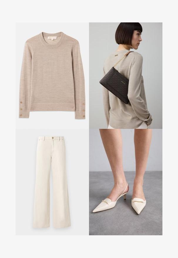Beige crewneck sweater lavet af blødt strikket materiale, med lange ærmer og fire knapdetaljer på hver manschet. Minimalistisk design med tekstureret finish.; Beige brede bukser lavet af bomuld med en glat tekstur. Har en knaplukning, forlommer og et klassisk taljedesign.; Cremefarvede slingback hæle med spidse tæer og slim mellemstilet. De har en guld kædeaccent på vamps og en glat lædertekstur.; Brun mønstret clutch-taske med guldfarvet beslag og kæderem, båret på skulderen over en beige sweater med tekstureret stof.