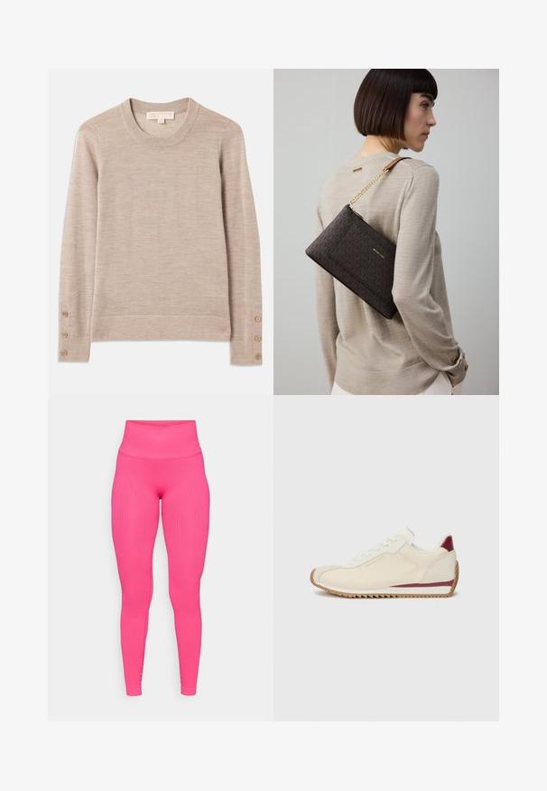 Beige genser med rund hals laget av mykt strikkemateriale, med lange ermer og fire knappdetaljer på hver mansjett. Minimalistisk design med strukturert overflate.; Ribbet rosa leggings med høy midje, med en tettsittende passform og myk tekstur. Designet fremhever en strømlinjeformet silhuett.; Hvit sneaker med en jevn tekstur, med en maroon aksent langs sålen og en taggete gummiyttersåle for grep. Minimalistisk design.; Brun mønstret clutchveske med gullfarget metall og kjedestropp, båret på skulderen over en beige genser med strukturert stoff.