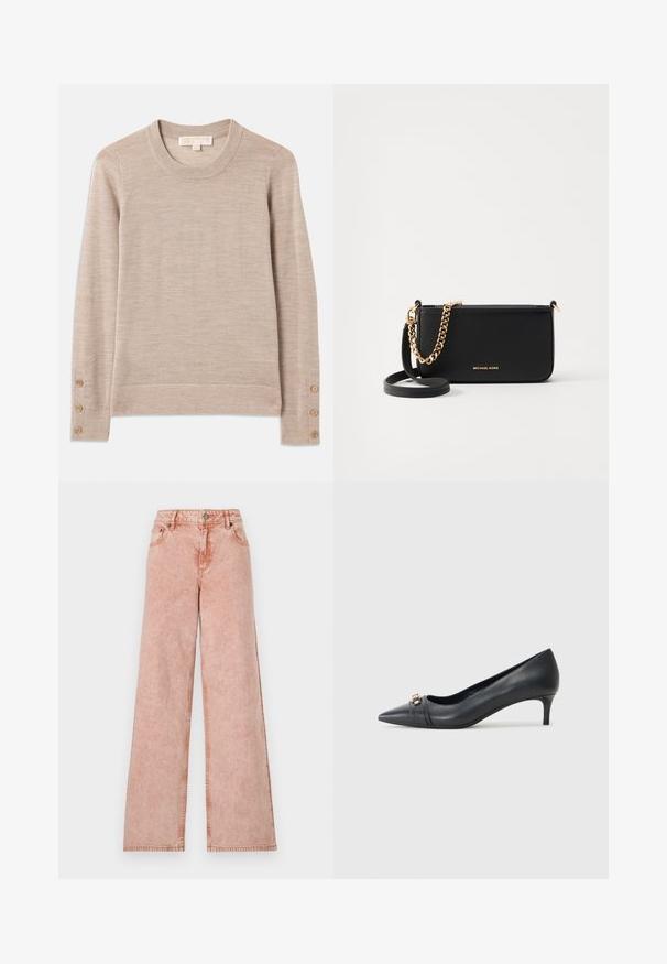 Bež pulover s krojenim izrezom izdelan iz mehkega pletenega materiala, z dolgimi rokavi in štirimi gumbnimi detajli na vsakem manšetu. Minimalističen dizajn z teksturirano površino.; Svetlo roza široke jeans hlače iz bledega denima. Imajo pet žepov in kontrastne šivanke. Klasično zapiranje z gumbom in zadrgo.; Črne usnjene čevlje s koničastim prsti in nizko peto, ki vključujejo teksturiran trak in kovinsko okrasje spredaj. Gladka površina in eleganten dizajn.; Črna usnjena torba s zlatim verižnim okrasom, gladka tekstura in zlate logotipne podrobnosti. Vključuje nastavljiv trak za prilagodljivost.; Zlate obročeve uhane s poliranim zaključkom, ki imajo debelo, okroglo obliko in varen mehanizem zapiranja. Gladka tekstura in sijoč videz.
