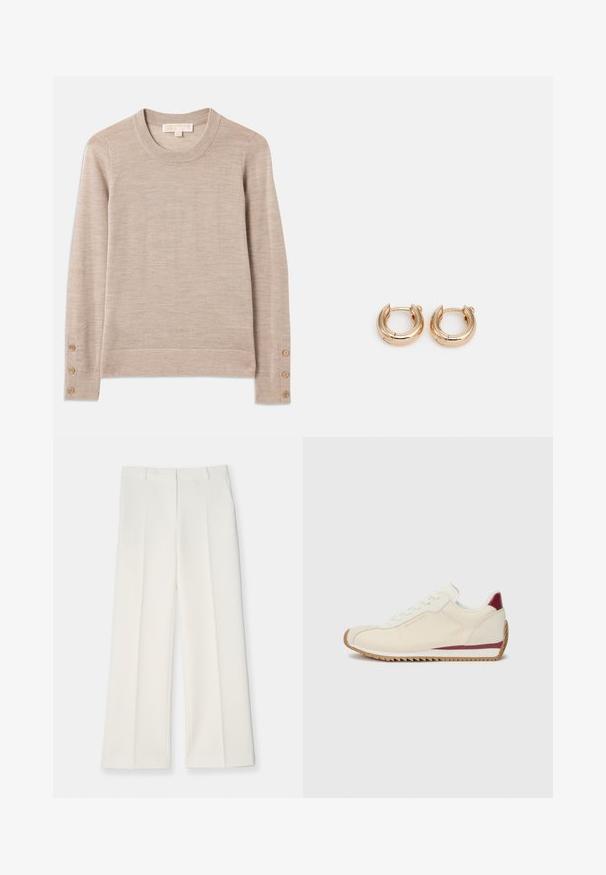 Suéter beige de cuello redondo hecho de material de punto suave, con mangas largas y cuatro botones decorativos en cada puño. Diseño minimalista con un acabado texturizado.; Pantalones de pierna ancha en tejido color crema claro, con una textura suave, pliegues frontales y dos bolsillos laterales. Diseño de cinturilla ajustada.; Zapatilla blanca con una textura suave, que presenta un acento marón a lo largo de la suela y una suela de goma con forma irregular para mayor agarre. Diseño minimalista.; Pendientes de aro de oro con un acabado pulido, que presentan un diseño circular grueso y un mecanismo de cierre seguro. Textura suave y apariencia brillante.