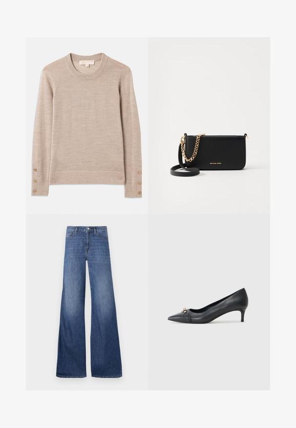 Bež pulover s okruglim izrezom od mekog pletiva, s dugim rukavima i četiri dugmeta na svakom manžetu. Minimalistički dizajn s teksturiranim završetkom.; Džins hlače širokih nogavica u srednje plavoj boji, s pet džepova, petljama za remen i kopčanjem na dugme. Glatka tekstura s blagim izbljedjenjem.; Cipele na visoku petu od crne kože s uskim vrhom i niskom petom, s teksturiranim trakama i metalnim akcentom sprijeda. Glatka površina i elegantan dizajn.; Crna kožna torbica s zlatnim lančićem, glatke teksture i zlatnim logotipom. Uključuje podesivu traku za svestranost.
