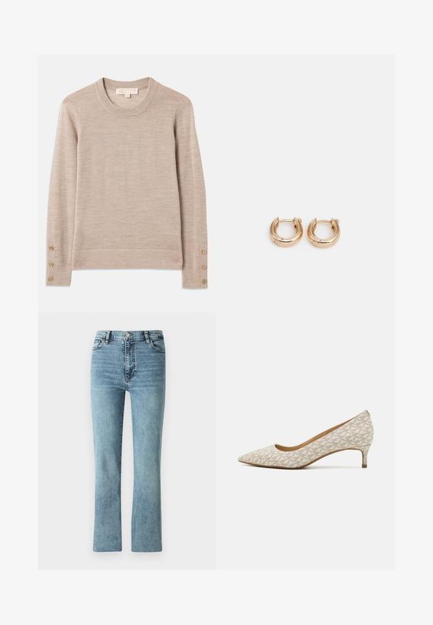 Bežs crewneck džemperis, izgatavots no mīksta adījuma materiāla, ar garām piedurknēm un četriem pogu akcentiem katrā aprocē. Minimālistisks dizains ar struktūras apdari.; Gaiši zili džinsi ar taisnu kājām, augstu jostasvietu un maziem izbalējumiem. Iespējots klasiskās piecu kabatu dizains un metāla piederumi.; Taisni purngalīšs apavi bežā audumā ar ģeometrisku rakstu, nodrošinot zemu papēdi un elegantu siluetu. Gluda tekstūra un minimāli akcenti.; Zelta auskari ar pulētu virsmu, ar biezu, apaļu dizainu un drošu aizvēršanas mehānismu. Gluda tekstūra un spīdīga izskats.