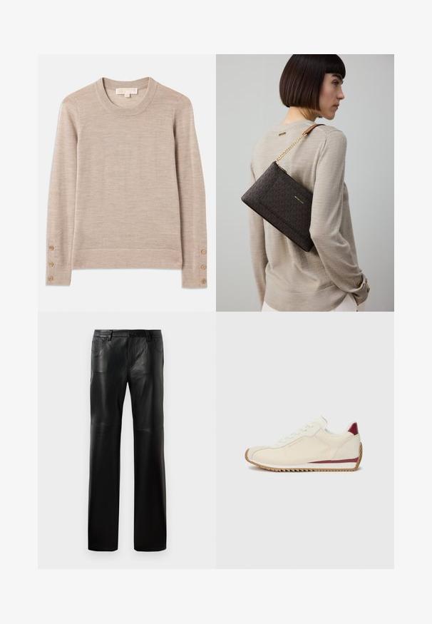 Beige pyöreä kaula-aukko neuletakki, joka on valmistettu pehmeästä neuloksesta ja jossa on pitkät hihat sekä neljä nappikoristetta jokaisessa hihassa. Minimalistinen muotoilu teksturoidulla pinnalla.; Mustat nahkahousut suoraan leikkaukseen, joissa on napillinen vyötärö, viisi taskua ja näkyvät saumat.; Valkoiset lenkkarit, joissa on sileä pinta, marooni yksityiskohta pohjassa ja hammastettu kumipohja pidon parantamiseksi. Minimalistinen muotoilu.; Ruskeakuosinen käsilaukku, jossa on kultaiset metalliosat ja ketjuhihna, kannetaan olalla beigen neuleen päällä, laukku on valmistettu teksturoidusta kankaasta.
