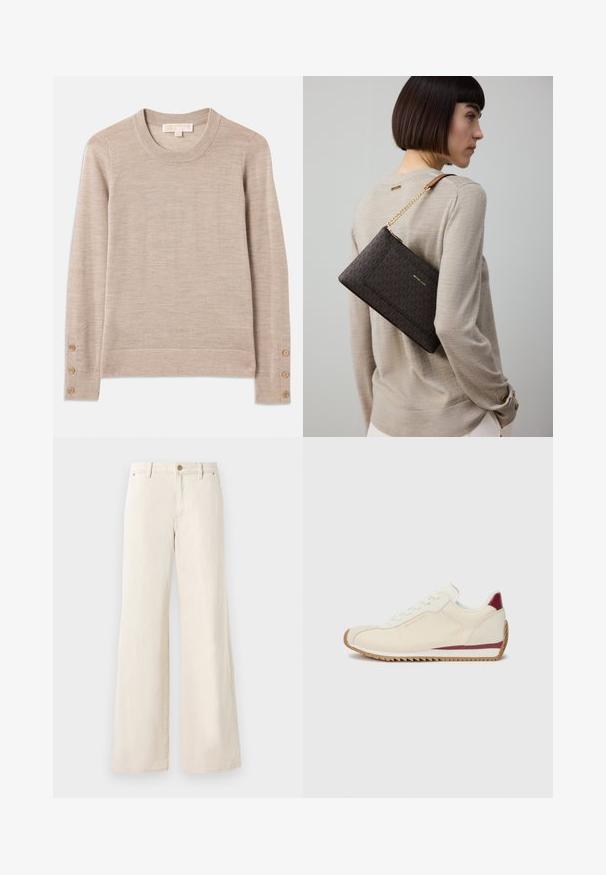Beige crewneck sweater made of soft knit material, featuring long sleeves and four button accents on each cuff. Minimalist design with textured finish.; Beige wide-leg pants made of cotton with a smooth texture. Features a button closure, front pockets, and a classic waistband design.; White sneaker with a smooth texture, featuring a maroon accent along the sole and a jagged rubber outsole for grip. Minimalist design.; Brown patterned clutch bag with gold hardware and a chain strap, worn on the shoulder over a beige sweater, featuring textured fabric.