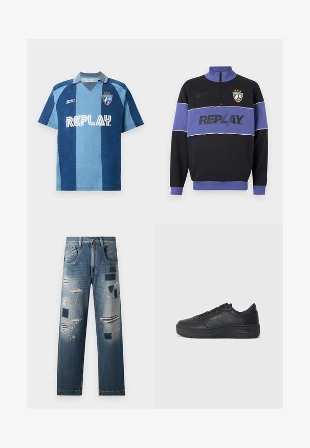 Crni i ljubičasti dukserica s pola patentnog zatvarača s "REPLAY" logotipom na prsima i Replay FC grbom s tri zvijezde na gornjoj lijevoj strani.; Džerska inspirirana traperom s kratkim rukavima, s tamnoplavim i svjetloplavim prugastim dizajnom, V-izrezom i istaknutim logotipom "REPLAY".; Bijela majica kratkih rukava s crnim akcentima. Sadrži logotip "REPLAY FC" i tekst "Highperformance" u sportskom fontu. Izrađena je od glatkog materijala.; Traperice s izrezanim zakrpama i različitim nijansama plave, s ravnim nogavicama i tradicionalnim pet džepova.; Replay EPIC HIGH - Tenisice - black