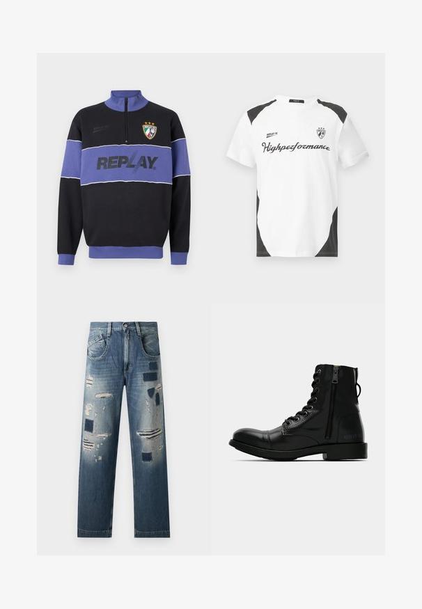 Schwarzer und lila Halbreißverschluss-Sweatshirt mit "REPLAY"-Logo auf der Brust und dem Replay FC-Wappen mit drei Sternen oben links.; Weißes Kurzarm-T-Shirt mit schwarzen Akzenten. Verfügt über das Logo "REPLAY FC" und den Text "Highperformance" in einer sportlichen Schriftart. Hergestellt aus einem glatten Material.; Jeans aus Denim mit abgenutzten Flicken und verschiedenen Blautönen, im geraden Schnitt und mit klassischem Fünf-Taschen-Design.; Schwarze Leder-Ankle-Boots mit runder Zehenform, vorderer Schnürung, seitlichem Reißverschluss und flacher Sohle. Mit erhabener Markenprägung auf der Ferse.