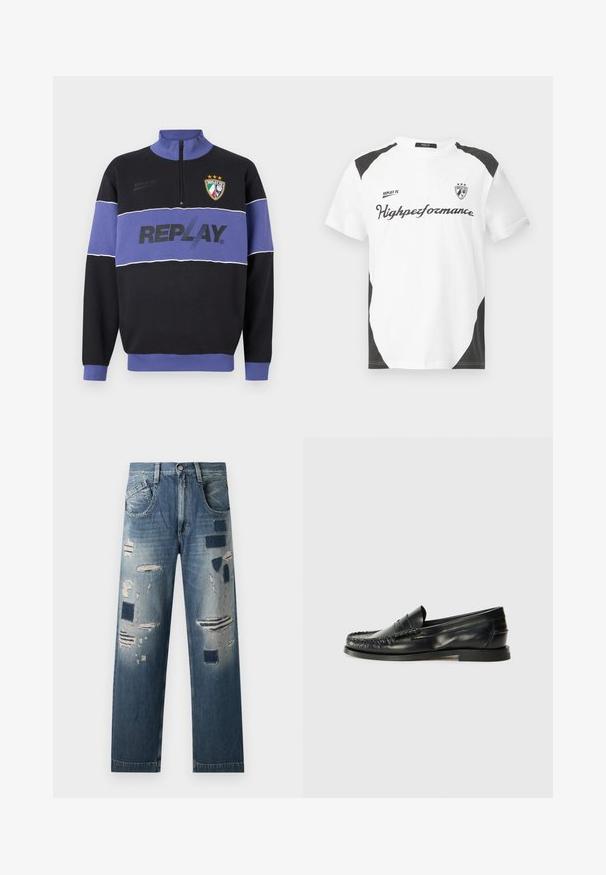 Mustmust ja lilla poole tõmbluku sweatshirt, millel on rindkere ulatuses "REPLAY" logo ja Replay FC vapp kolme tähega vasakus ülanurgas.; Valge lühikeste varrukatega t-särk mustade aktsentidega. Omab "REPLAY FC" logo ja "Highperformance" teksti sportlikus kirjas. Valmistatud siledast materjalist.; Teksased, millel on kulunud plaastrid ja erinevad sinise tooni variatsioonid, sirge sääre lõike ja traditsioonilise viie tasku kujundusega.; Replay DAFFY CITY - Jalga libistatavad jalanõud - black