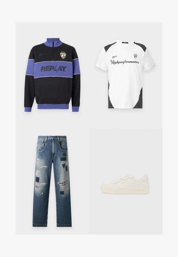 Sudadera de medio cierre en negro y púrpura con el logo "REPLAY" en el pecho y el escudo de Replay FC con tres estrellas en la parte superior izquierda.; Camiseta blanca de manga corta con acentos negros. Lleva el logo "REPLAY FC" y el texto "Highperformance" en una fuente deportiva. Fabricada con un material suave.; Jeans de denim con parches desgastados y tonos de azul variados, con un corte recto y un diseño tradicional de cinco bolsillos.; Replay EPIC HIGH - Zapatillas - white