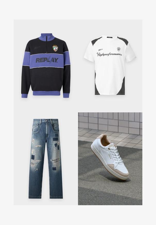Sweatshirt noir et violet à demi-zip avec le logo "REPLAY" sur la poitrine et le blason de Replay FC avec trois étoiles en haut à gauche.; T-shirt blanche à manches courtes avec des accents noirs. Présente le logo "REPLAY FC" et le texte "Highperformance" dans une police sportive. Fabriquée à partir d'un matériau lisse.; Jean en denim avec des patches déchirés et des nuances de bleu variées, présentant une coupe droite et un design traditionnel à cinq poches.; Baskets en cuir blanc avec des accents en daim beige, lacets plats, boîte à orteils perforée et détails en or sur la languette et sur le côté.