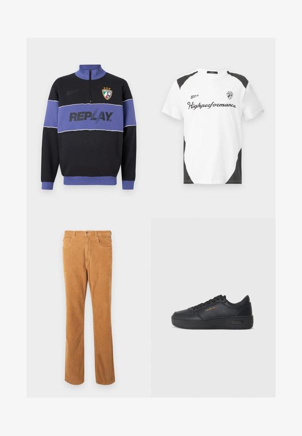 Sweatshirt negru și mov cu fermoar pe jumătate, având logo-ul "REPLAY" pe piept și emblema Replay FC cu trei stele în partea stângă sus.; Tricou alb cu mânecă scurtă și accente negre. Prezintă logo-ul "REPLAY FC" și textul "Highpeformance" într-un font sportiv. Fabricat dintr-un material neted.; Pantaloni din corduroy de culoare bej deschis, cu design clasic cu cinci buzunare și închidere cu nasture, expuși întinși pe un fundal alb.; Replay EPIC HIGH - Sneakers low - black