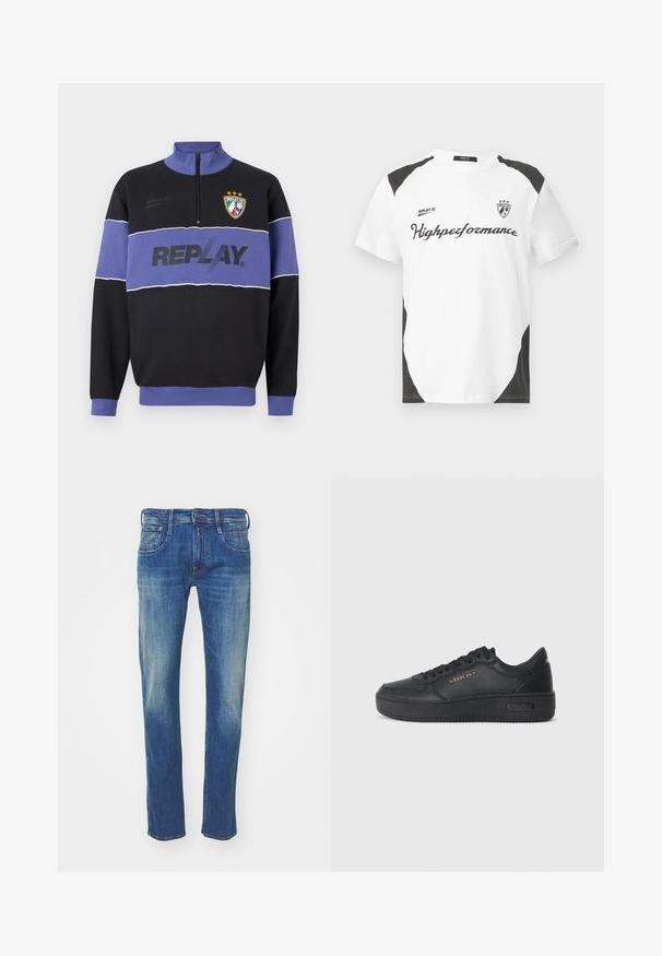 Fekete és lila félcipzáras pulóver, a mellkason "REPLAY" logóval és a bal felső részen Replay FC címerével, három csillaggal.; Fehér, rövid ujjú póló fekete részletekkel. Az "REPLAY FC" logó és a "Highpeformance" felirat sportos betűtípussal díszíti. Simogatós anyagból készült.; Kék farmernadrág, egyenes láb kialakítással, kopott hatással, öt zsebes stílussal és fém kiegészítőkkel a gombnál és a cipzárnál.; Replay EPIC HIGH - Sportcipő - black