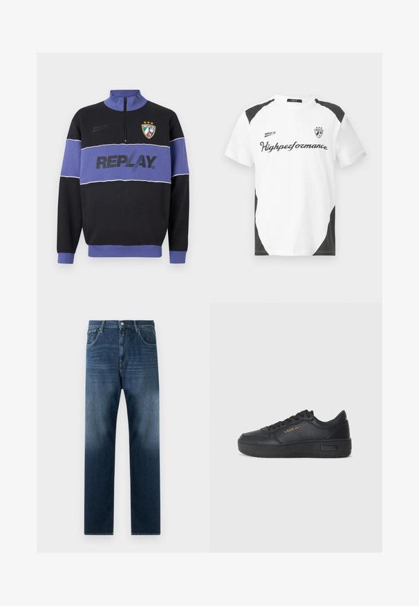 Crni i ljubičasti dukserica s pola patentnog zatvarača s "REPLAY" logotipom na prsima i Replay FC grbom s tri zvijezde na gornjoj lijevoj strani.; Bijela majica kratkih rukava s crnim akcentima. Sadrži logotip "REPLAY FC" i tekst "Highperformance" u sportskom fontu. Izrađena je od glatkog materijala.; Tamno plave traperice s dizajnom ravnih nogavica. Značajke uključuju prednje džepove, patentni zatvarač i suptilno izbljeđivanje prema rubu.; Replay EPIC HIGH - Tenisice - black