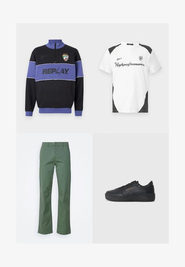 Schwarzer und lila Halbreißverschluss-Sweatshirt mit "REPLAY"-Logo auf der Brust und dem Replay FC-Wappen mit drei Sternen oben links.; Weißes Kurzarm-T-Shirt mit schwarzen Akzenten. Verfügt über das Logo "REPLAY FC" und den Text "Highperformance" in einer sportlichen Schriftart. Hergestellt aus einem glatten Material.; Grüne Baumwollhosen mit geradem Bein, ausgestattet mit einem vorderen Knopfverschluss und seitlichen Taschen. Glatte Textur und ohne Muster.; Replay EPIC HIGH - Sneaker low - black