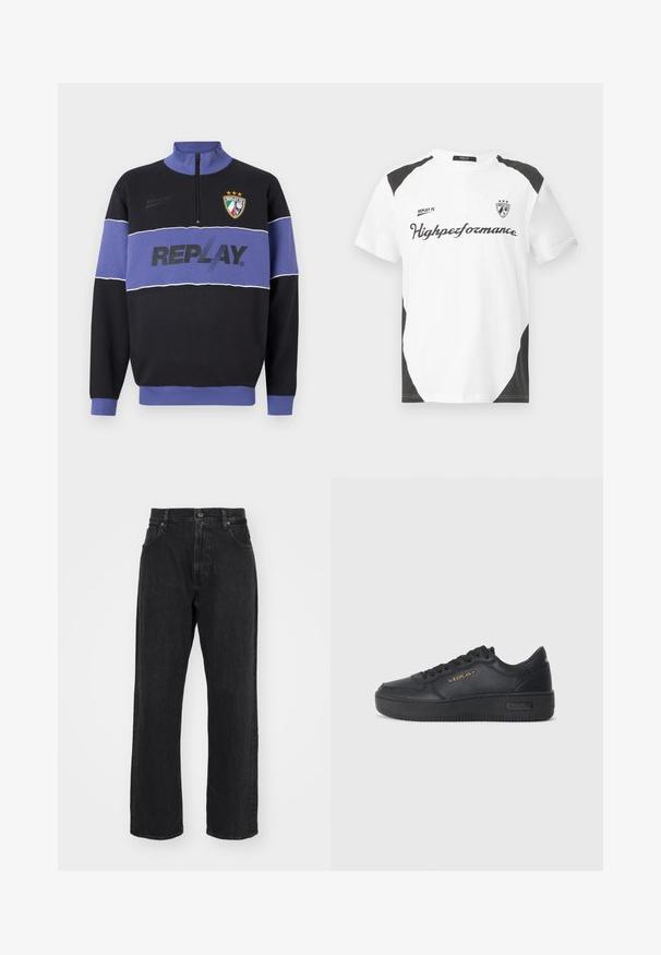 Black and purple half-zip sweatshirt with "REPLAY" logo across chest and Replay FC crest with three stars on upper left.; White short-sleeve t-shirt with black accents. Features "REPLAY FC" logo and "Highpeformance" text in a sporty font. Made from a smooth material.; Black denim jeans with a straight-leg cut, featuring a standard waistband, five-pocket design, and subtle stitching details.; Replay EPIC HIGH - Trainers - black