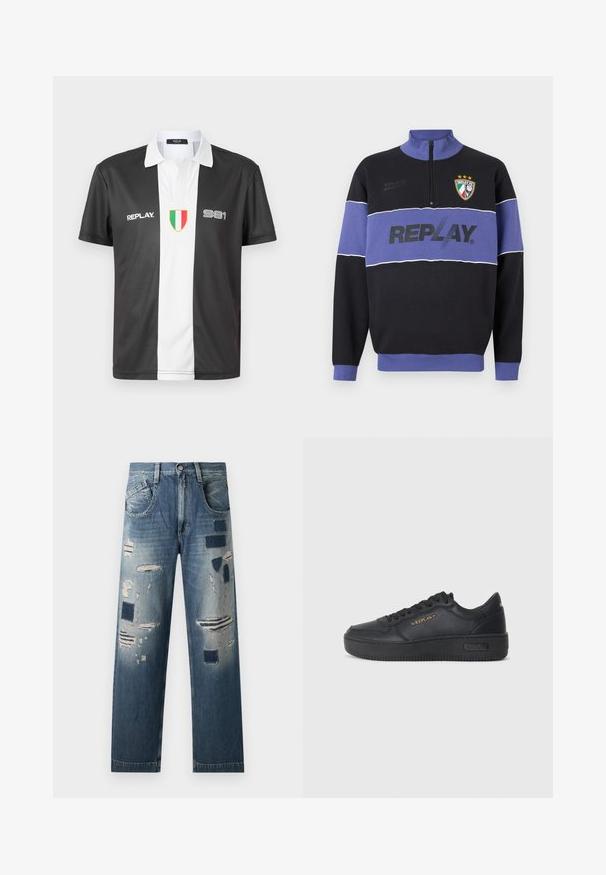 Juodas ir purpurinis pusiau užtrauktukas su "REPLAY" logotipu per krūtinę ir "Replay FC" herbu su trimis žvaigždėmis viršutiniame kairiajame kampe.; Juodos ir baltos spalvos trumpomis rankovėmis polo marškiniai su coloru, ant kurių priekyje yra "REPLAY" logotipas, "981" numeris ir Italijos vėliavos emblema.; Džinsai su nusidėvėjusiais lopais ir skirtingomis mėlynos spalvos atspalviais, su tiesiomis kojomis ir tradiciniu penkių kišenių dizainu.; Replay EPIC HIGH - Sportbačiai - black