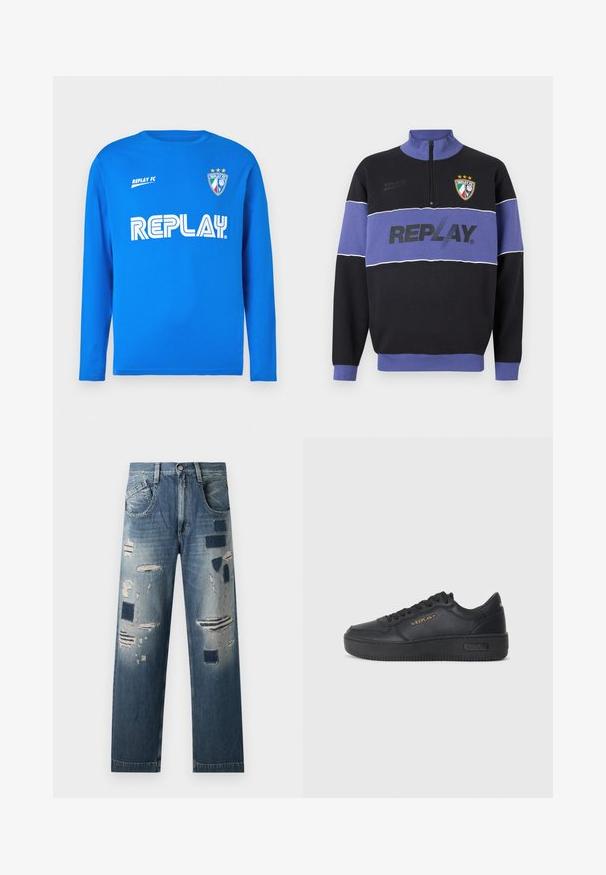 Sweatshirt preto e roxo com meio zíper, com o logótipo "REPLAY" na parte frontal e o emblema da Replay FC com três estrelas no canto superior esquerdo.; Camisola azul de manga longa feita de algodão com decote redondo, apresentando o logótipo branco "REPLAY" e o texto "REPLAY FC", bem como um logótipo de escudo com três estrelas.; Jeans de ganga com remendos desgastados e vários tons de azul, com um corte de perna reta e design tradicional de cinco bolsos.; Replay EPIC HIGH - Sapatilhas - black