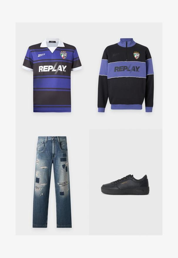 Juodas ir purpurinis pusiau užtrauktukas su "REPLAY" logotipu per krūtinę ir "Replay FC" herbu su trimis žvaigždėmis viršutiniame kairiajame kampe.; Juoda ir mėlyna futbolo marškinėliai su horizontaliais dryžiais, balta apykakle ir "REPLAY" logotipu. Pasižymi šarvuoto ženklo emblema su žvaigždėmis viršuje.; Džinsai su nusidėvėjusiais lopais ir skirtingomis mėlynos spalvos atspalviais, su tiesiomis kojomis ir tradiciniu penkių kišenių dizainu.; Replay EPIC HIGH - Sportbačiai - black