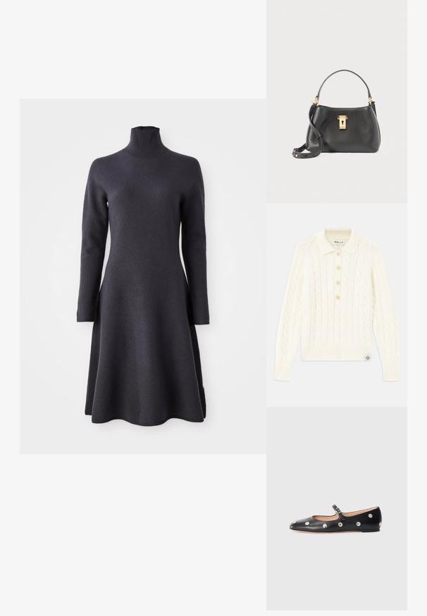 Krem pulover s kabelskim pletenjem i ovratnikom, s četiri gumba, rebrastim rukavima i malim logom na rubu.; Tamno siva haljina dugih rukava s visokim ovratnikom. A-linija silueta, meka tekstura i rub koji se širi na dnu.; Crne kožne Mary Jane balerinke s zaobljenim vrhom, koje sadrže srebrne kružne zakovice i podesivu traku s kopčom.; Crna kožna torbica s teksturiranim završetkom, s zlatnom bravicom, kratkom drškom i uklonjivim remenom za rame.