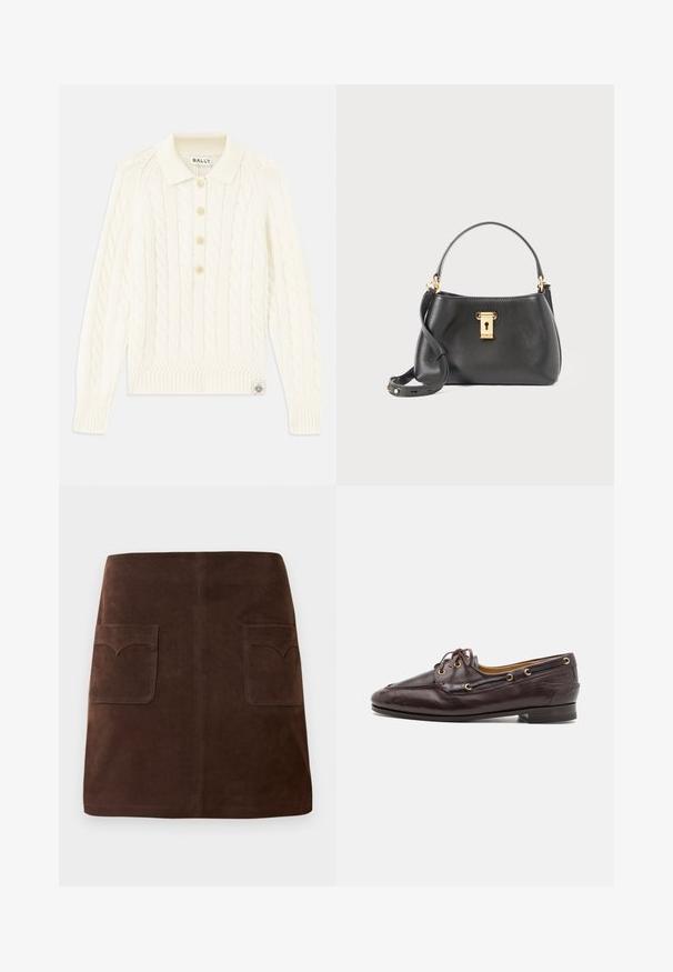 Krémový svetr s pleteným vzorem a límečkem, čtyřmi knoflíky, žebrovanými manžetami a malou nášivkou na lemu.; Hnědá sukně z nubuku s klasickým áčkovým střihem, dvěma předními kapsami s zaoblenými klopami a subtilními švy.; Hnědé kožené mokasíny se strukturovaným designem, zlatými očky a šněrováním. Mají nízký podpatek a detailní stehy podél nártu.; Černá kožená kabelka s texturovaným povrchem, se zlatým zámkem na zavírání, krátkým uchem a odnímatelným ramenním popruhem.