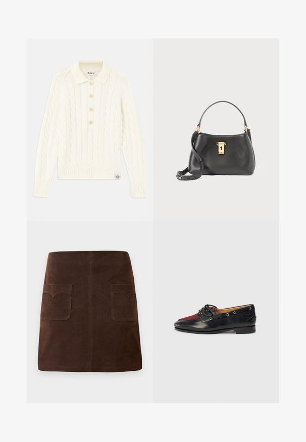 Suéter de punto trenzado crema con cuello tipo polo, placket de cuatro botones, puños de canalé y un pequeño parche de logo en el dobladillo.; Falda de ante marrón con una clásica forma de A, dos bolsillos frontales con solapas redondeadas y detalles de costura sutiles.; Zapato de barco de cuero negro con punta de ante roja, ojales dorados y un lazo decorativo. Textura suave con un tacón bajo.; Bolso de mano de piel negra con un acabado texturizado, que cuenta con un cierre de candado dorado, un asa corta y una correa de hombro desmontable.